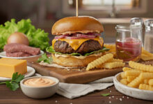 Burger gourmet cheddar fondant pickles d’oignons rouges