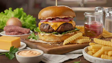 Burger gourmet cheddar fondant pickles d’oignons rouges