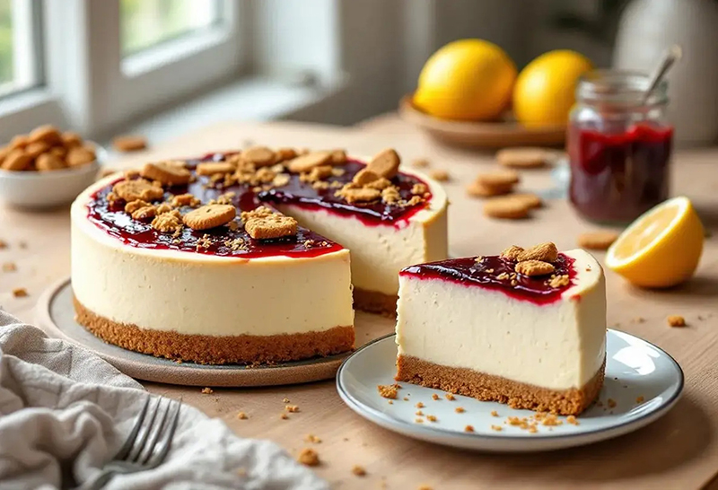Cheesecake coulis de fruits rouges éclats de biscuits