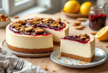 Cheesecake coulis de fruits rouges éclats de biscuits