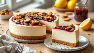 Cheesecake coulis de fruits rouges éclats de biscuits