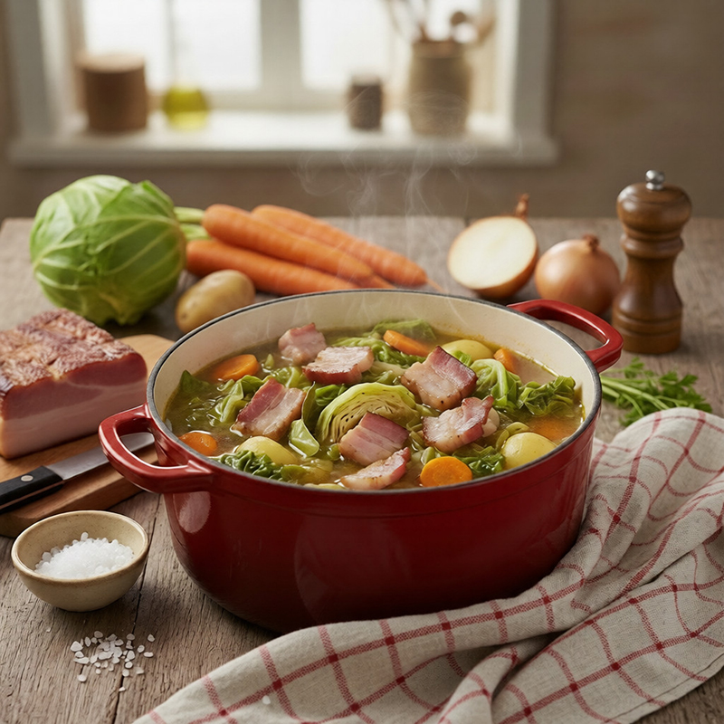 Cocotte paysanne au chou, lard fumé légumes d’hiver