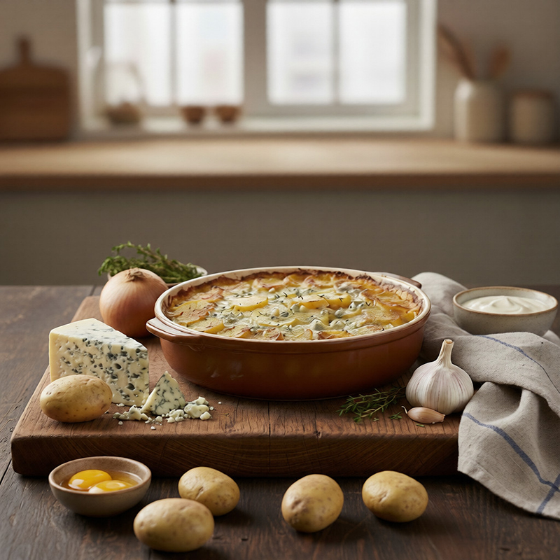 Gratin de pommes de terre Roquefort, crème thym frais