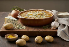 Gratin de pommes de terre Roquefort, crème thym frais