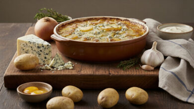 Gratin de pommes de terre Roquefort, crème thym frais