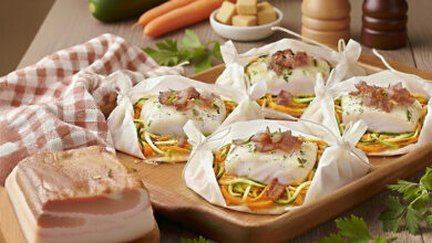 Papillotes de skrei, julienne de légumes lardons fumés