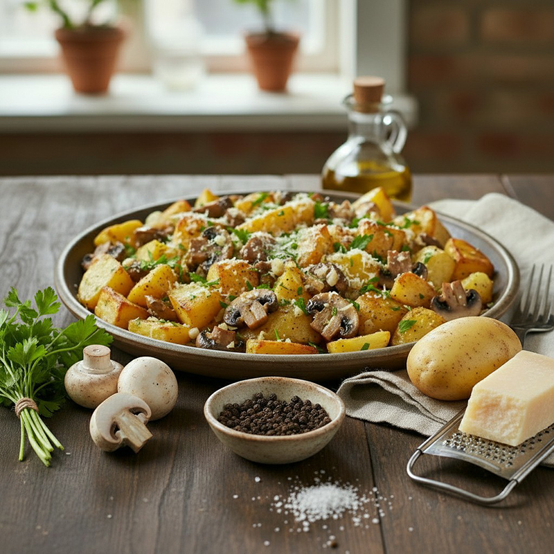 Poêlée rustique pommes de terre, champignons à l’ail persil