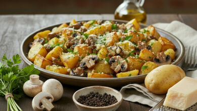 Poêlée rustique pommes de terre, champignons à l’ail persil