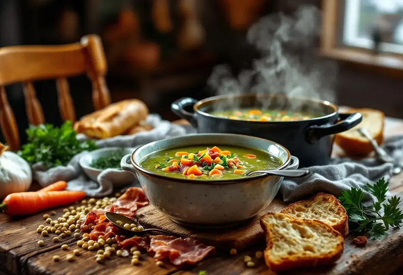 Soupe rustique lentilles vertes lardons fumés