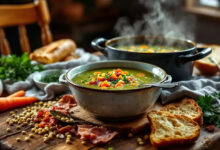 Soupe rustique lentilles vertes lardons fumés