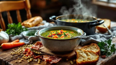 Soupe rustique lentilles vertes lardons fumés