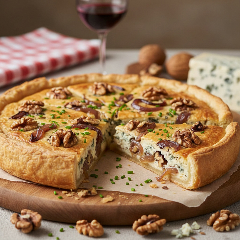 Tarte rustique Roquefort, noix croquantes oignons caramélisés