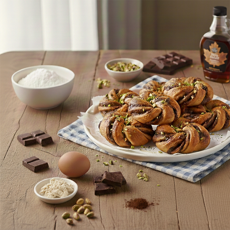 Torsades briochées chocolat noir pistaches grillées