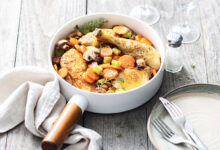 Fricassée de poulet, légumes champignons
