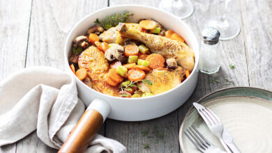 Fricassée de poulet, légumes champignons