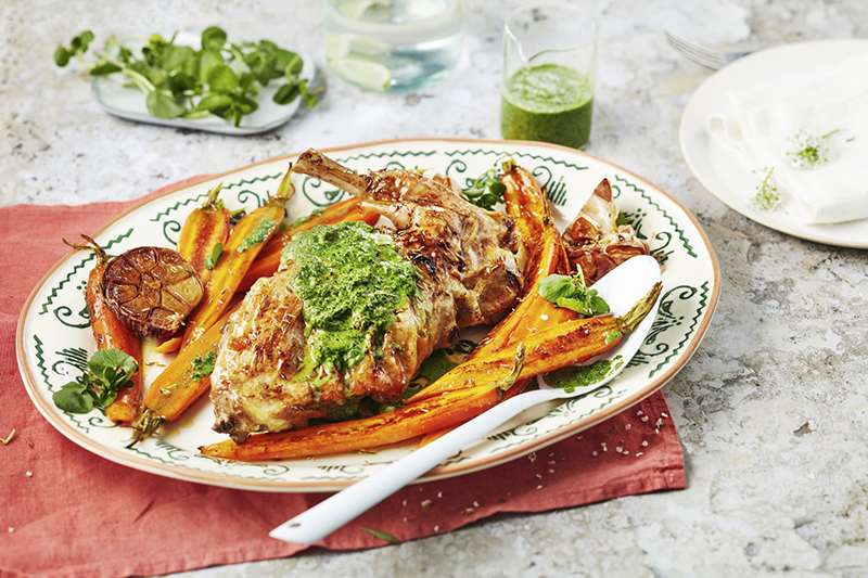 Gigot de chevreau carottes rôties coulis de cresson