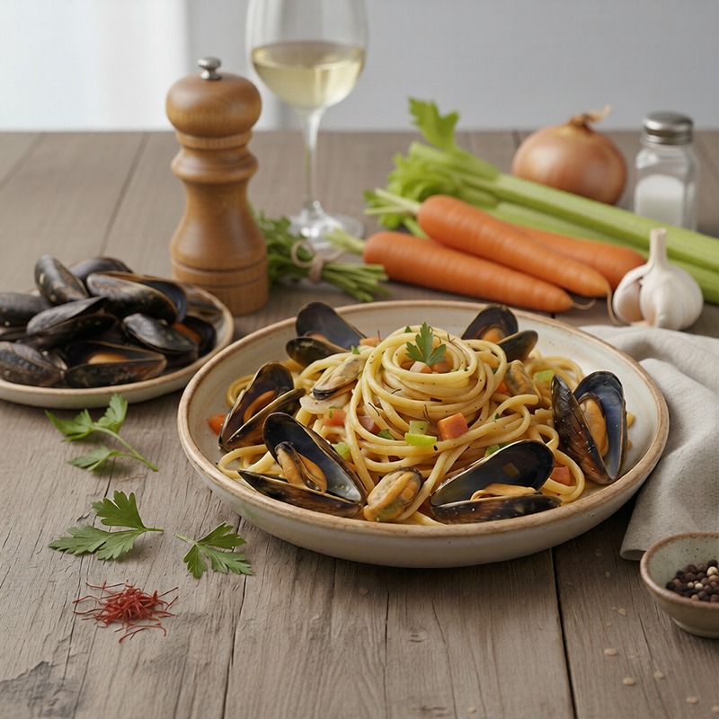 Linguine moules, légumes fondants infusion de safran