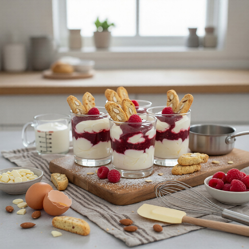 Mousse chocolat blanc, coulis de framboises, biscotti amandes