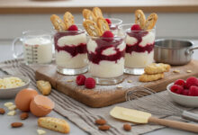 Mousse chocolat blanc, coulis de framboises, biscotti amandes