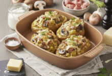 Pommes de terre rôties farcies champignons, jambon fromage