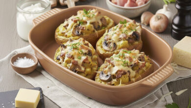 Pommes de terre rôties farcies champignons, jambon fromage