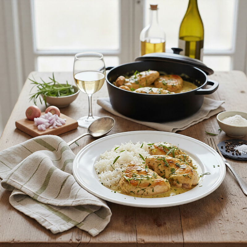Poulet à l’estragon en cocotte, sauce vin blanc