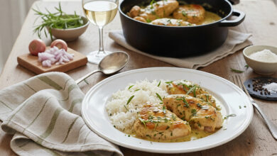 Poulet à l’estragon en cocotte, sauce vin blanc