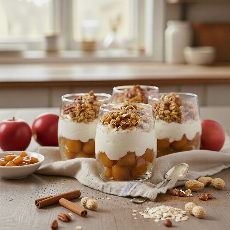 Verrines pommes caramélisées, faisselle granola cannelle