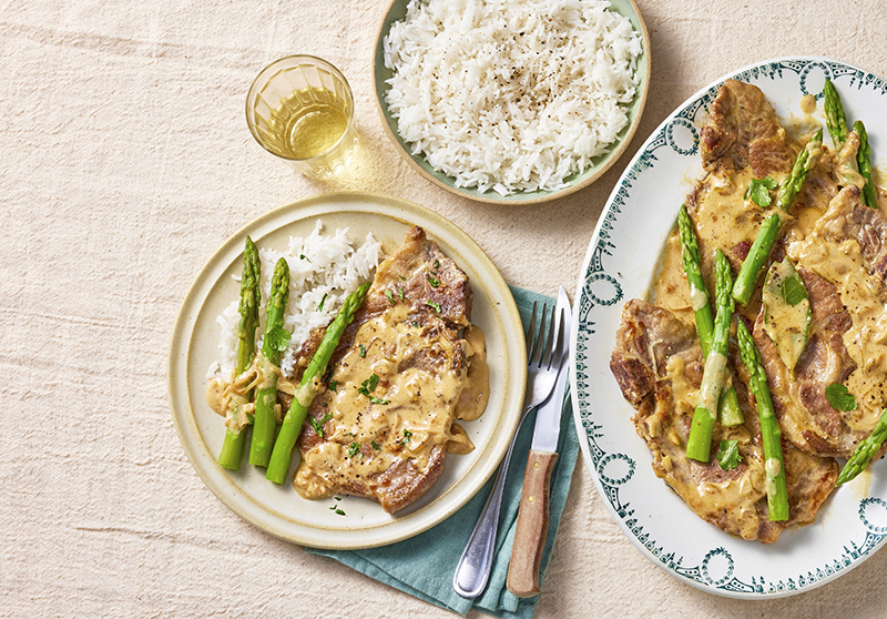 Côtes de porc à la normande asperges
