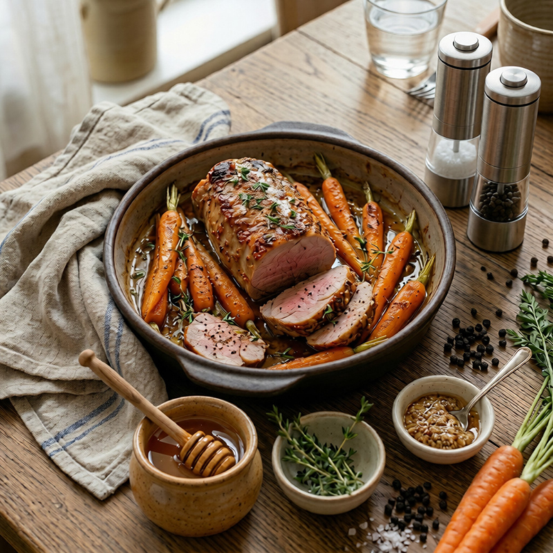 Filet mignon de porc rôti miel, moutarde carottes fondantes