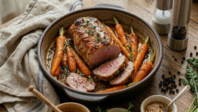 Filet mignon de porc rôti miel, moutarde carottes fondantes