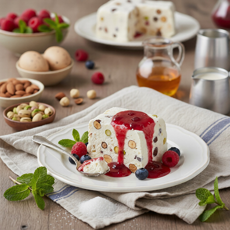 Nougat glacé coulis de fruits rouges