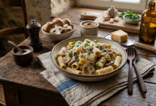 Rigatoni champignons, moutarde à l’ancienne parmesan