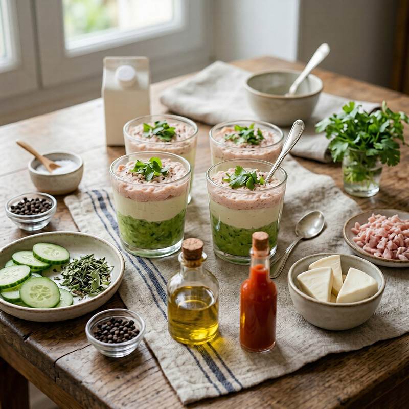 Verrines fraîcheur concombre, crème Vache qui rit® mousse jambon
