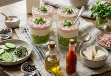 Verrines fraîcheur concombre, crème Vache qui rit® mousse jambon