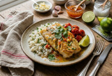 Cabillaud poêlé beurre d’ail, citron vert douceur du chili